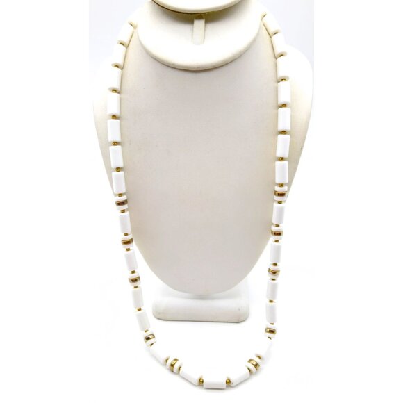 Avon White Lucite Beaded Necklace, Chic Tubular Strand with Gold Tone Spacers - Picture 1 of 3